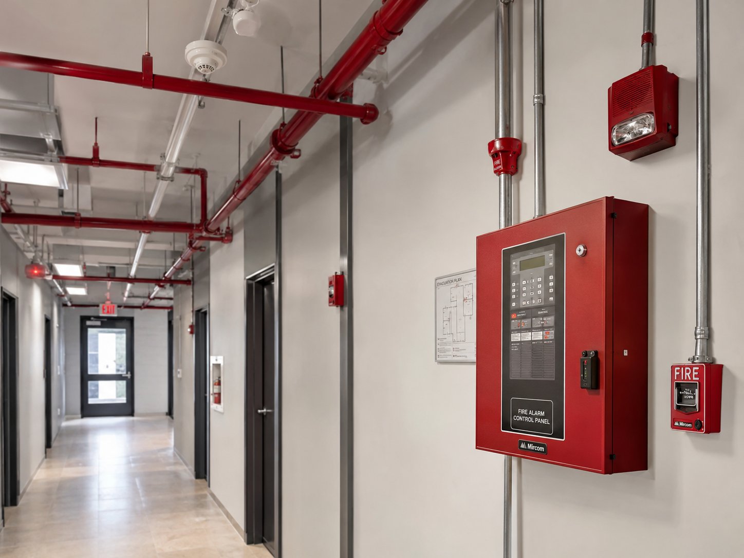 Fire alarm control panel and sprinkler system in a commercial corridor