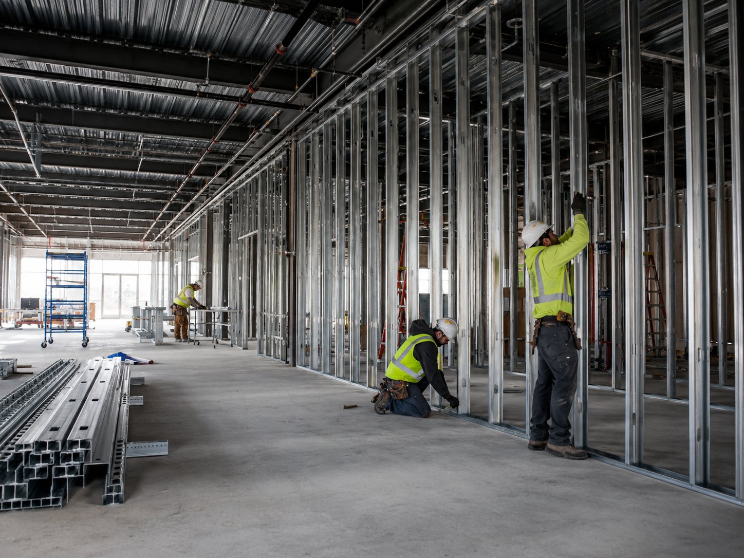 Commercial steel stud framing in progress