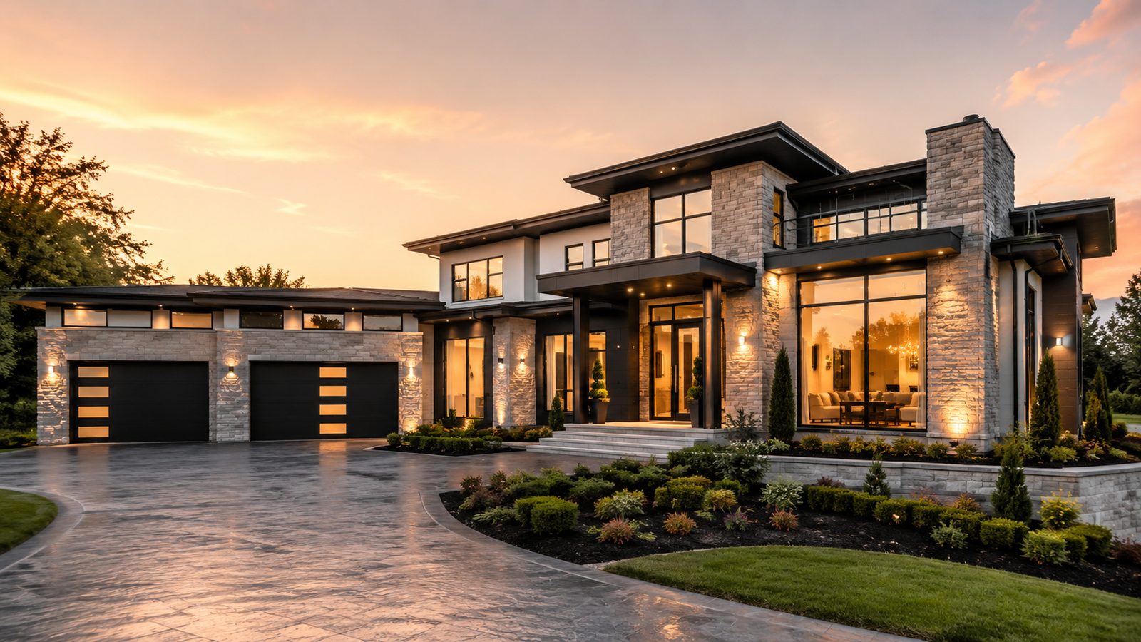 Custom-built home exterior at dusk with stone facade, three-car garage, and landscaped approach
