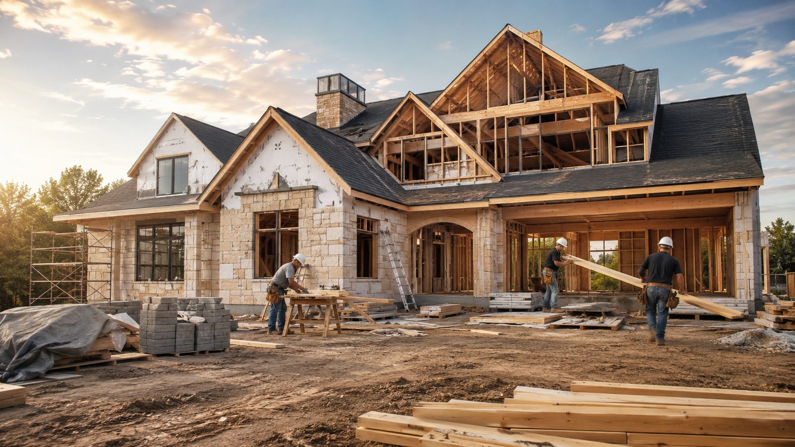 Custom home under construction showing structural framing, roof trusses, and stone veneer in progress